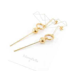 Long Bar Dangle Earrings Gold Sphere Statement